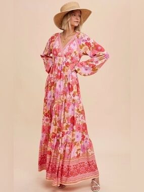 Baltic Born Pink Floral V‑Neck Boho Maxi Dress NEW WITH TAGS💖